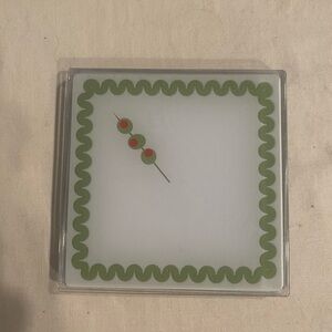 Olive Square Plastic Coaster Set Green White Olive Skewer Design, 4 Pieces